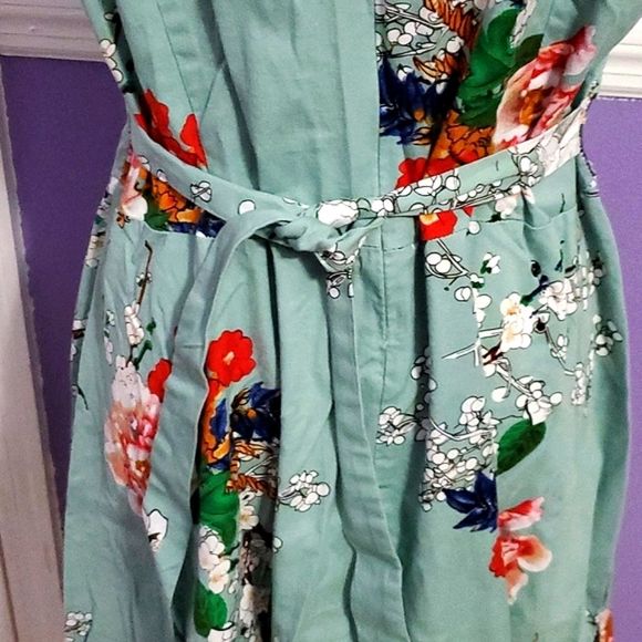 Owin Teal Green Floral Jackie O 60s Sleeveless Fit & Flare Pinup Midi Dress - Picture 9 of 11